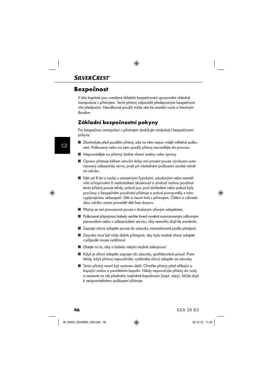 Bezpečnost, Základní bezpečnostní pokyny | Silvercrest SZA 28 B2 User Manual | Page 49 / 88