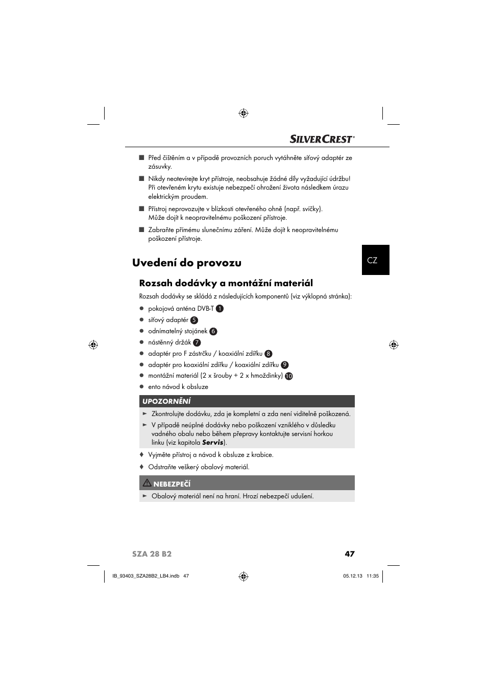 Uvedení do provozu, Rozsah dodávky a montážní materiál | Silvercrest SZA 28 B2 User Manual | Page 50 / 88