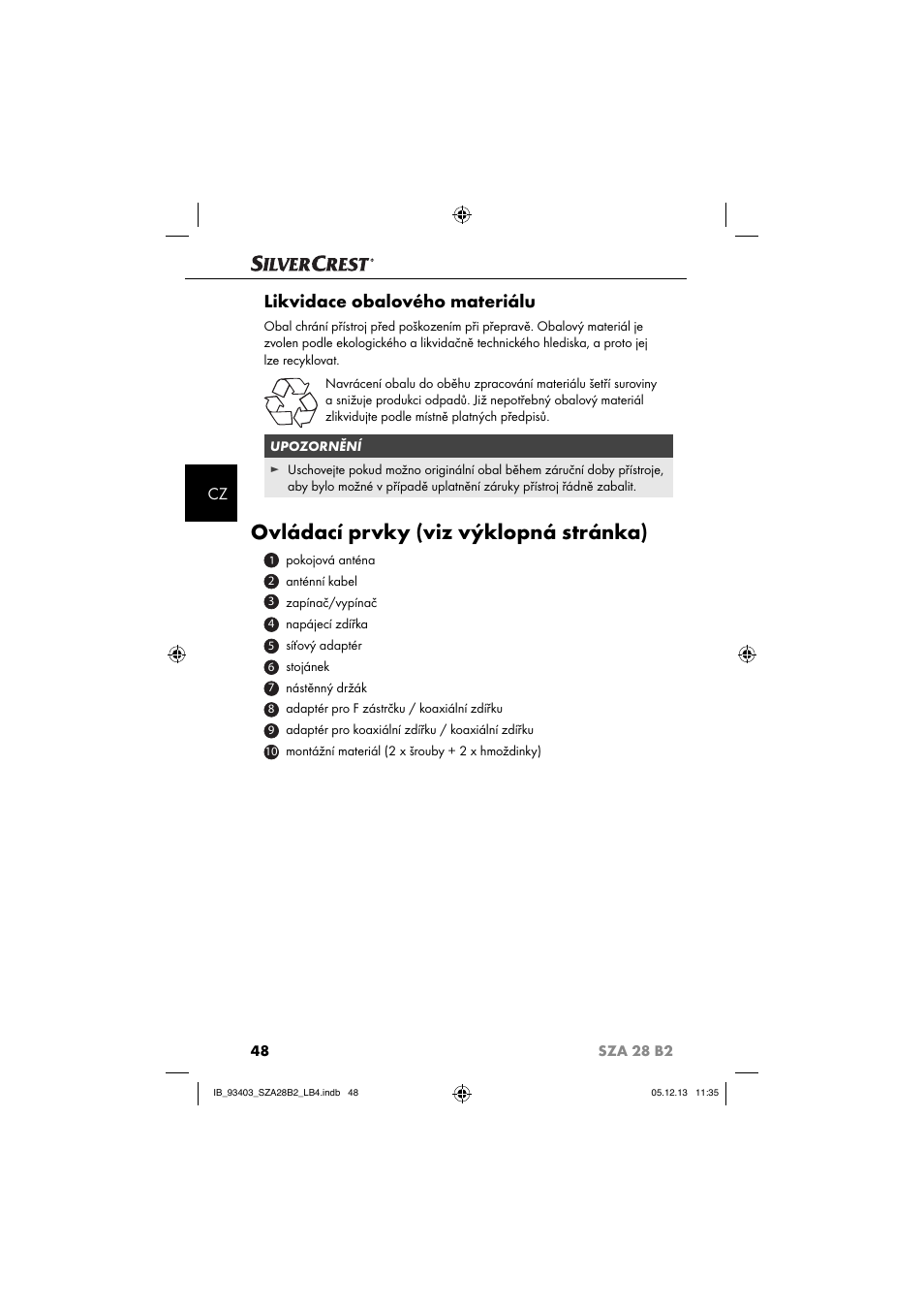 Ovládací prvky (viz výklopná stránka), Likvidace obalového materiálu | Silvercrest SZA 28 B2 User Manual | Page 51 / 88