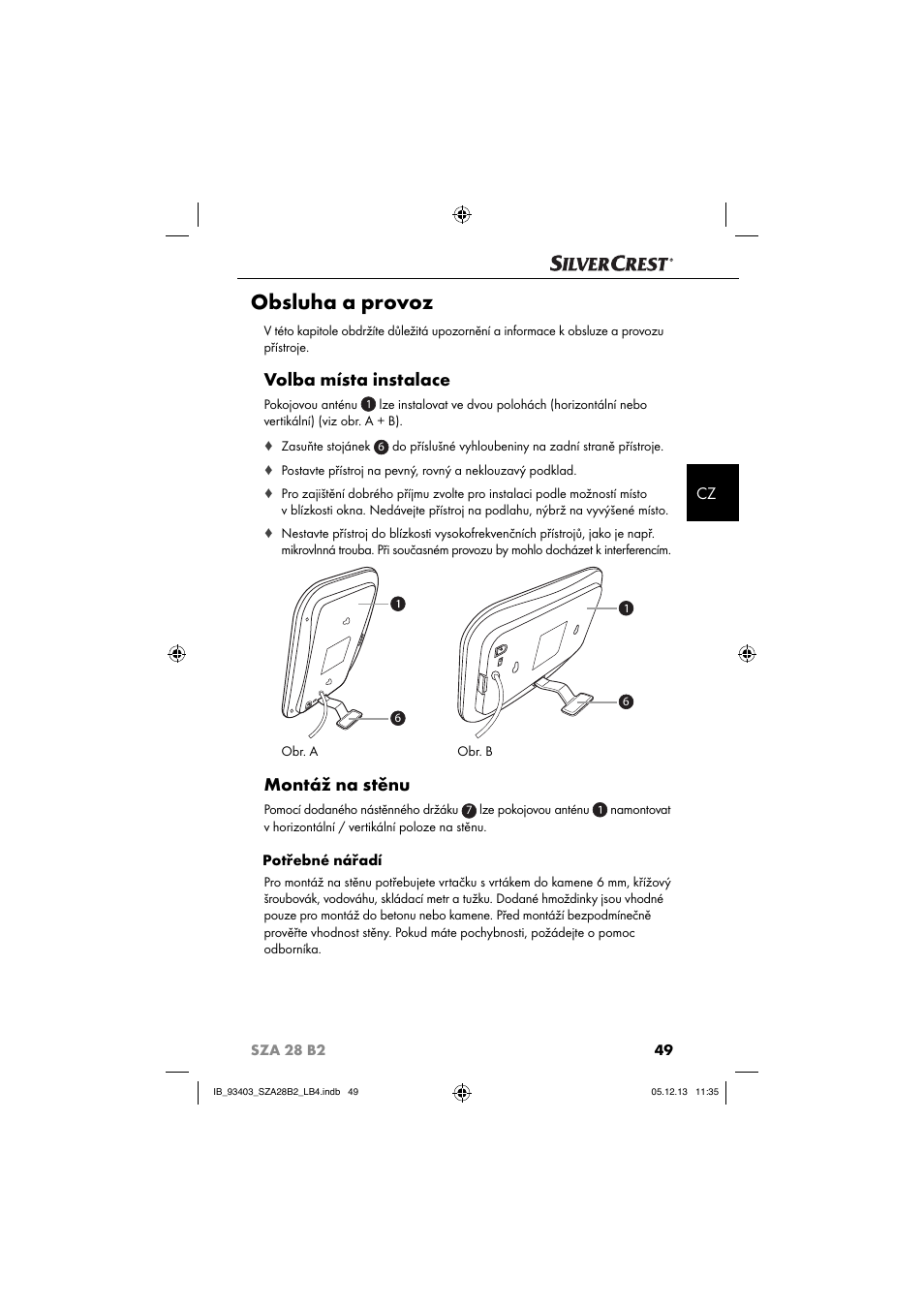 Obsluha a provoz, Volba místa instalace, Montáž na stěnu | Silvercrest SZA 28 B2 User Manual | Page 52 / 88