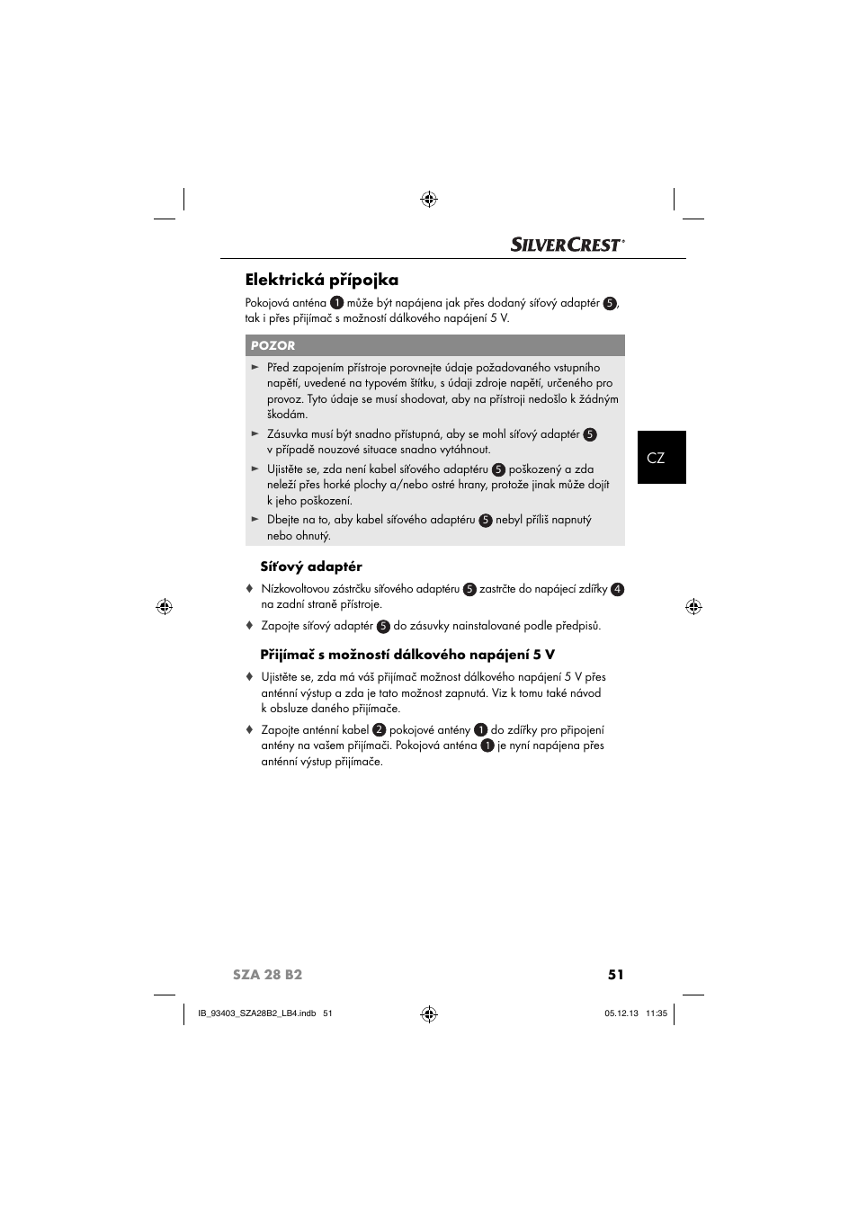 Elektrická přípojka, Síťový adaptér, Přijímač s možností dálkového napájení 5 v | Silvercrest SZA 28 B2 User Manual | Page 54 / 88