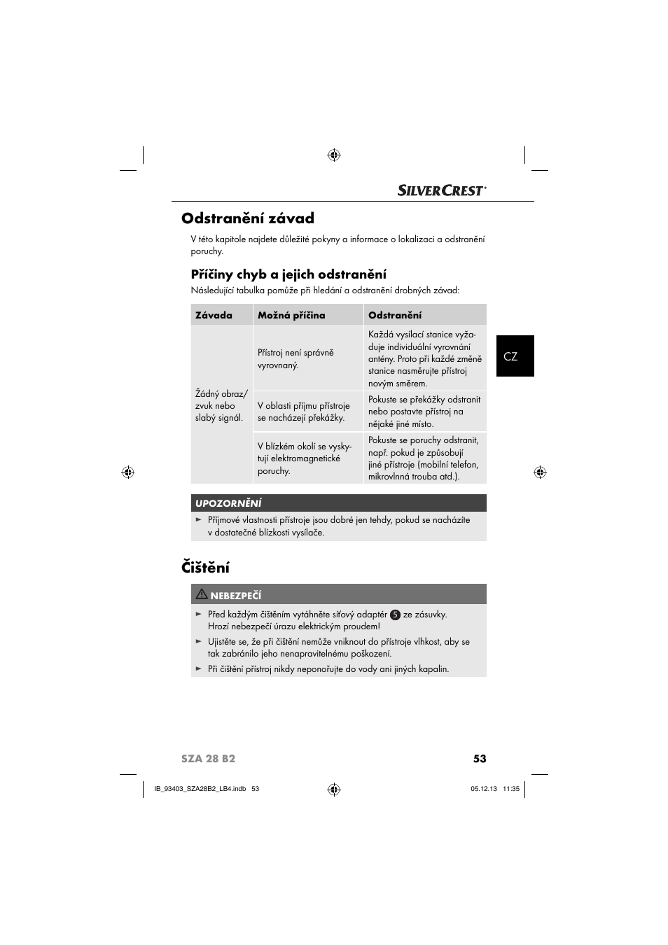 Odstranění závad, Čištění, Příčiny chyb a jejich odstranění | Silvercrest SZA 28 B2 User Manual | Page 56 / 88