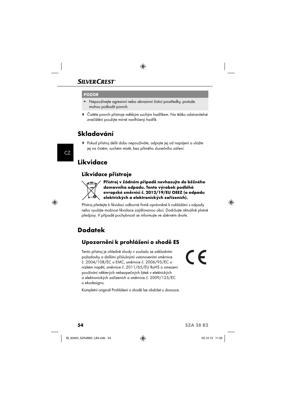 Skladování, Likvidace, Dodatek | Likvidace přístroje, Upozornění k prohlášení o shodě es | Silvercrest SZA 28 B2 User Manual | Page 57 / 88