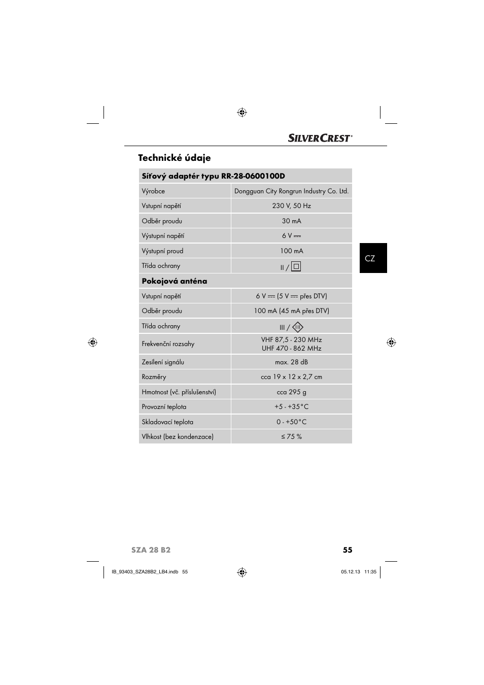 Technické údaje | Silvercrest SZA 28 B2 User Manual | Page 58 / 88