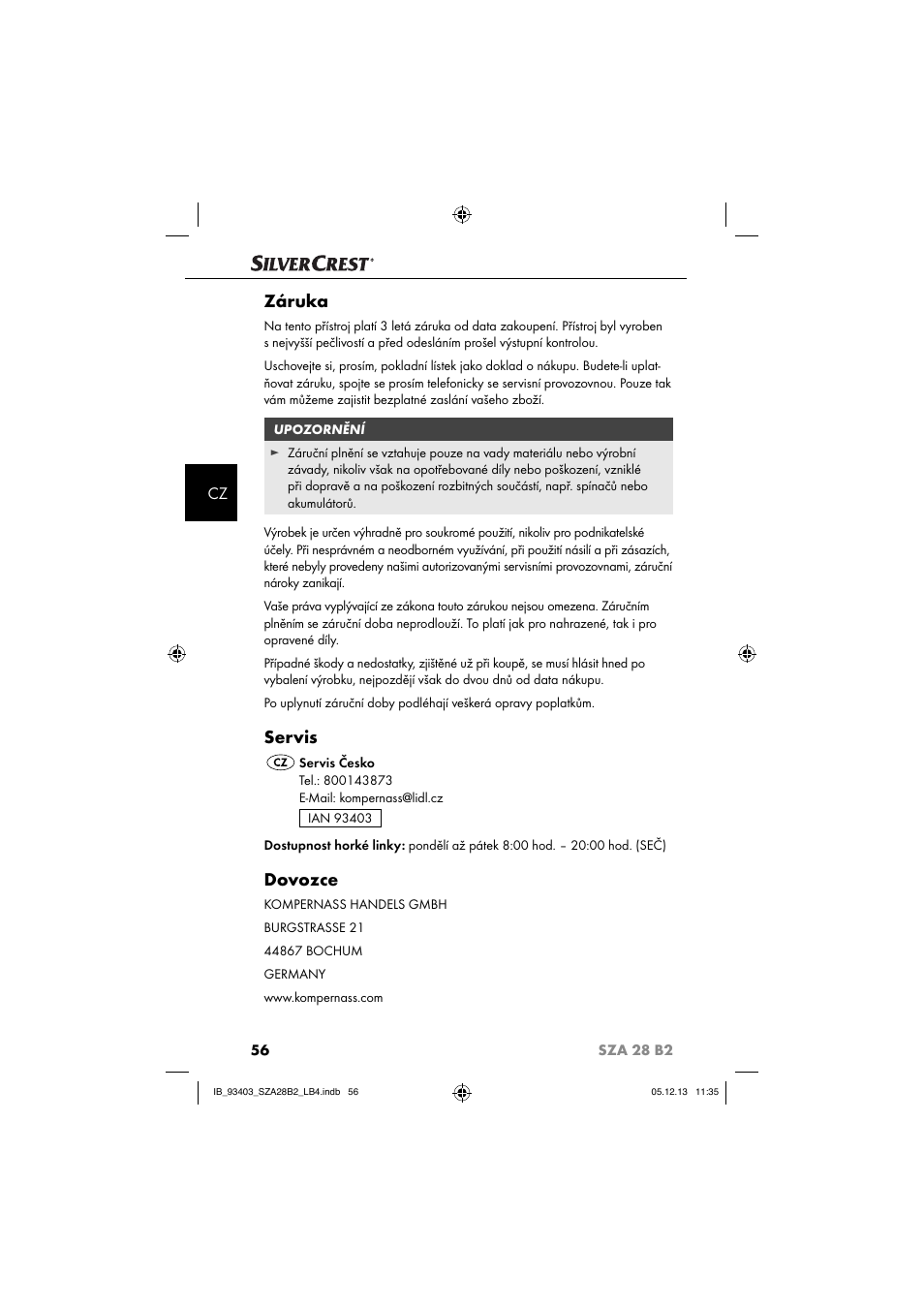 Záruka, Servis, Dovozce | Silvercrest SZA 28 B2 User Manual | Page 59 / 88