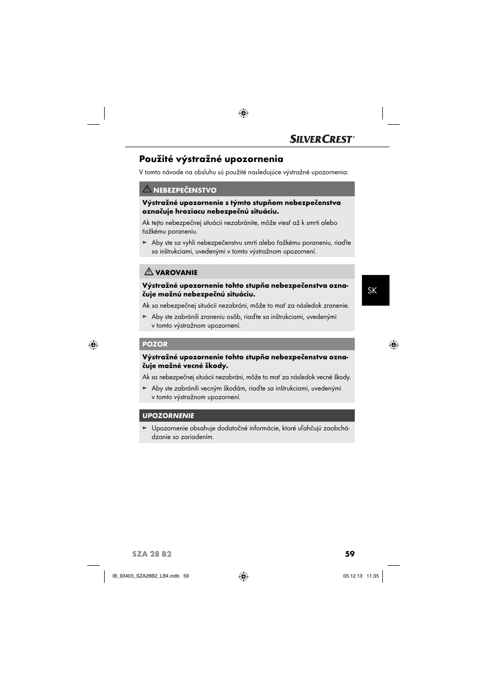 Použité výstražné upozornenia | Silvercrest SZA 28 B2 User Manual | Page 62 / 88