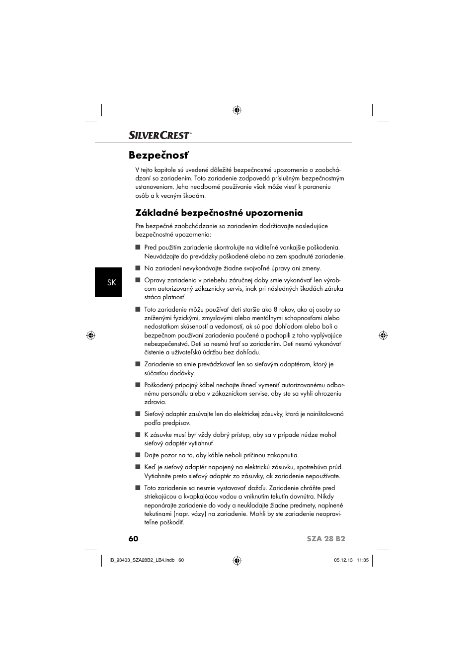 Bezpečnosť, Základné bezpečnostné upozornenia | Silvercrest SZA 28 B2 User Manual | Page 63 / 88