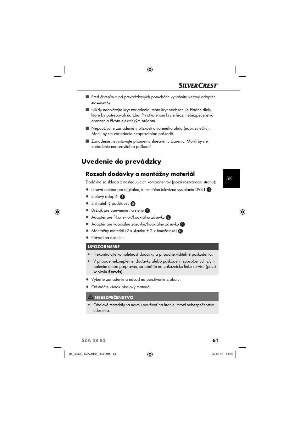 Uvedenie do prevádzky, Rozsah dodávky a montážny materiál | Silvercrest SZA 28 B2 User Manual | Page 64 / 88