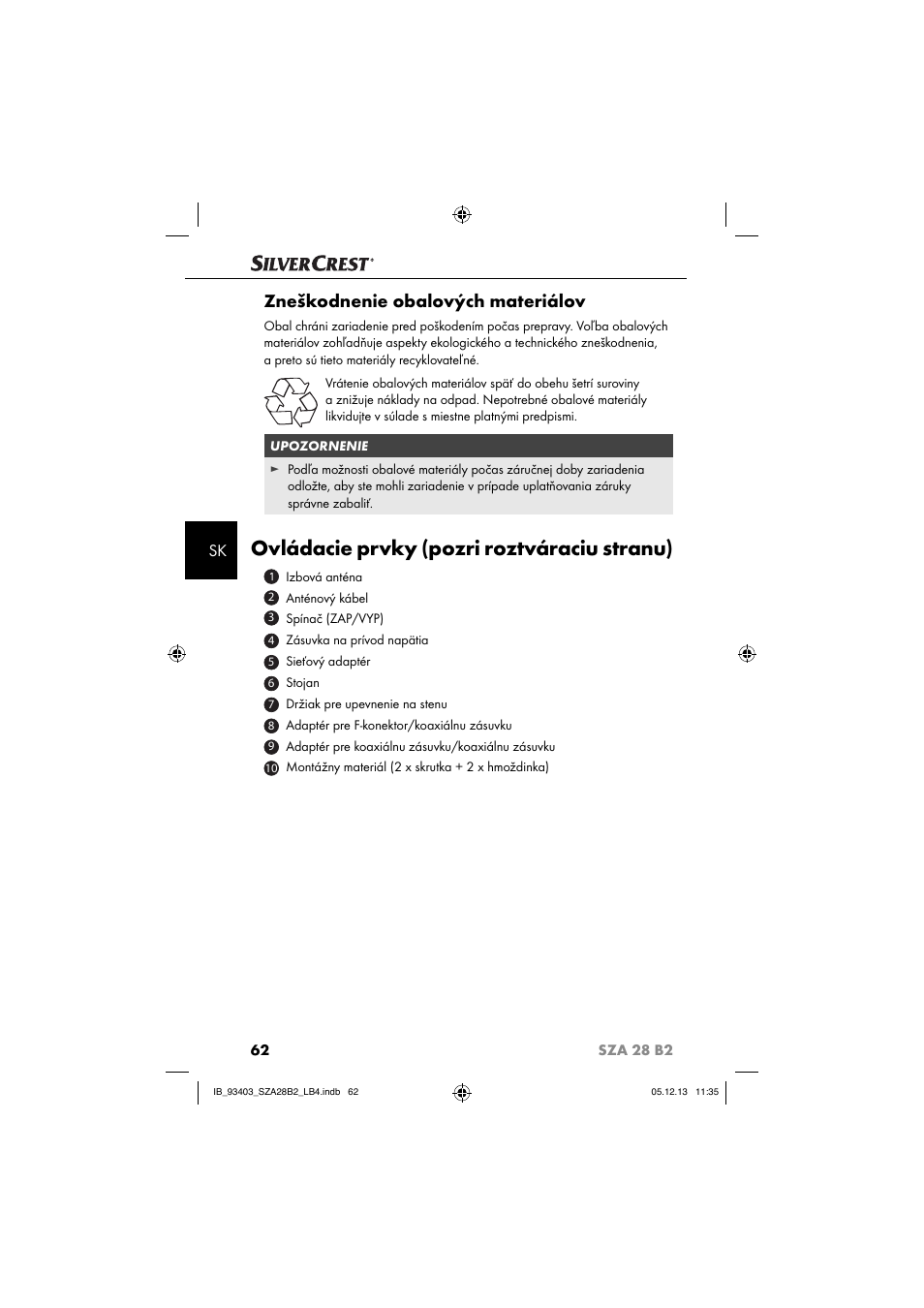 Ovládacie prvky (pozri roztváraciu stranu), Zneškodnenie obalových materiálov | Silvercrest SZA 28 B2 User Manual | Page 65 / 88