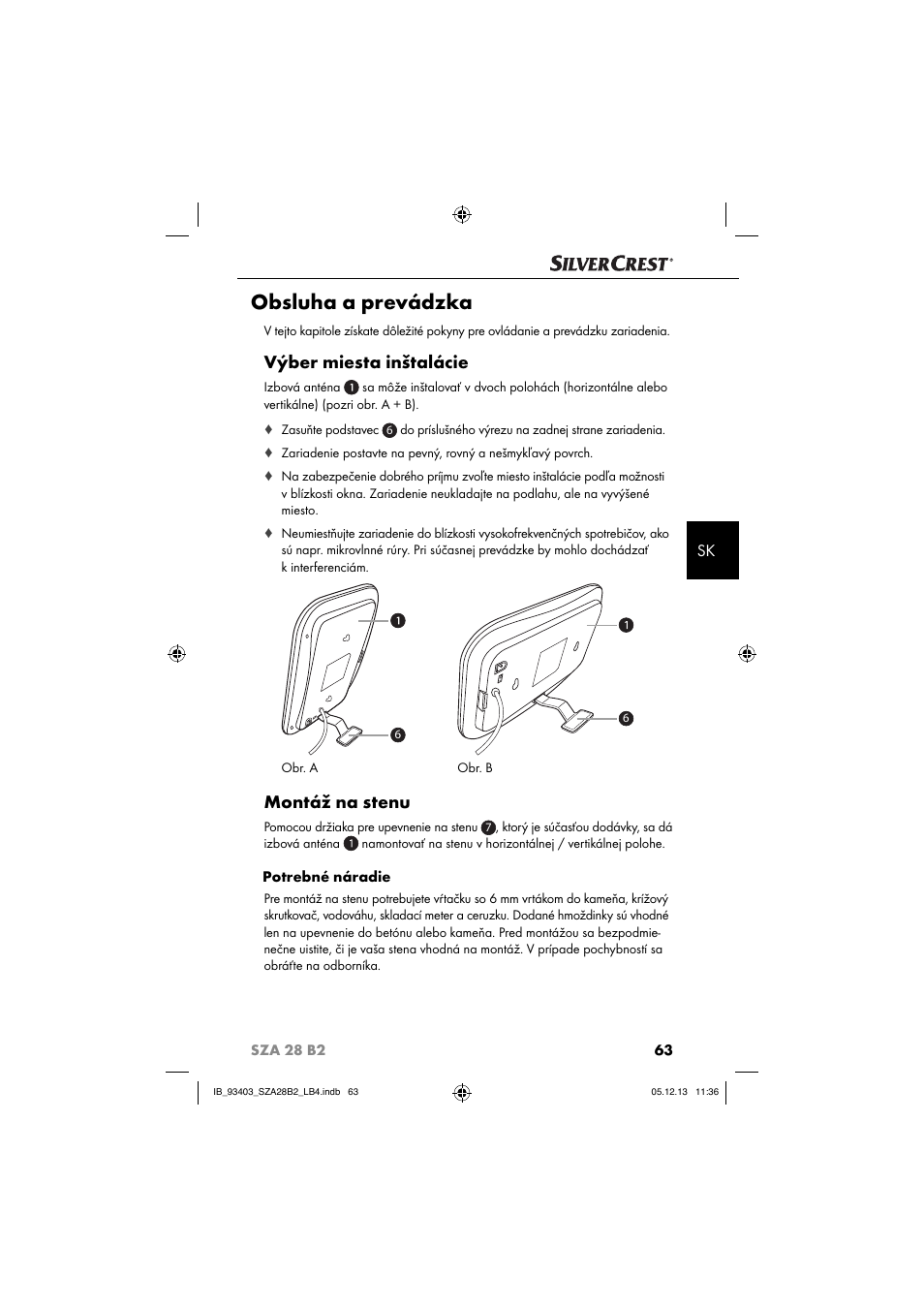 Obsluha a prevádzka, Výber miesta inštalácie, Montáž na stenu | Silvercrest SZA 28 B2 User Manual | Page 66 / 88