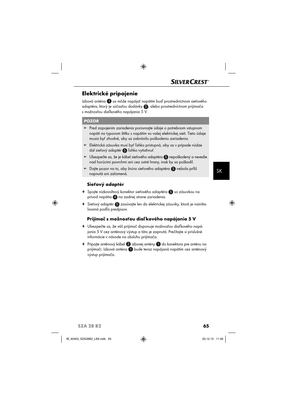 Elektrické pripojenie, Sieťový adaptér, Prijímač s možnosťou diaľkového napájania 5 v | Silvercrest SZA 28 B2 User Manual | Page 68 / 88
