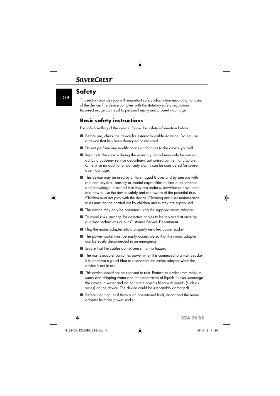 Safety, Basic safety instructions | Silvercrest SZA 28 B2 User Manual | Page 7 / 88