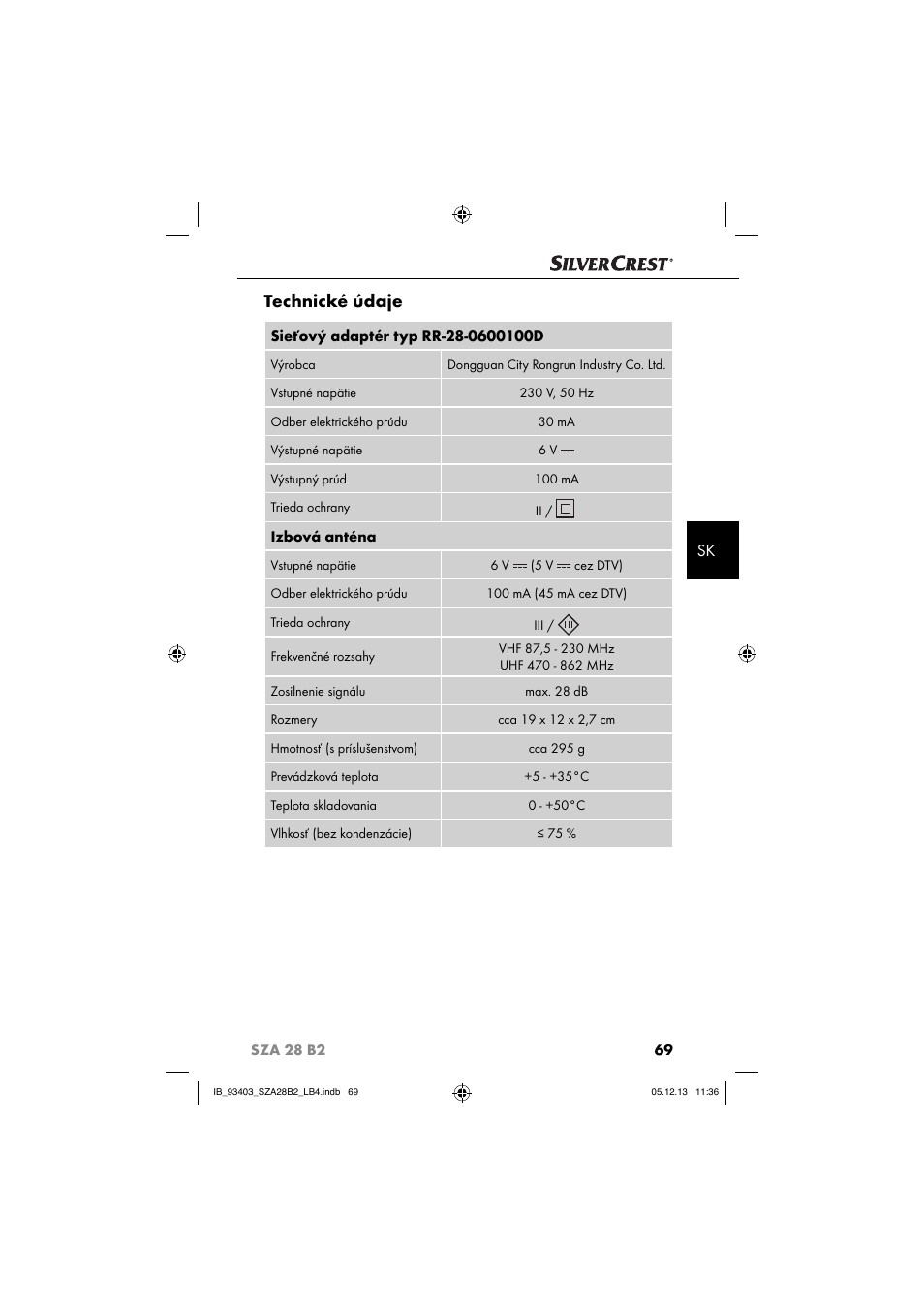 Technické údaje | Silvercrest SZA 28 B2 User Manual | Page 72 / 88