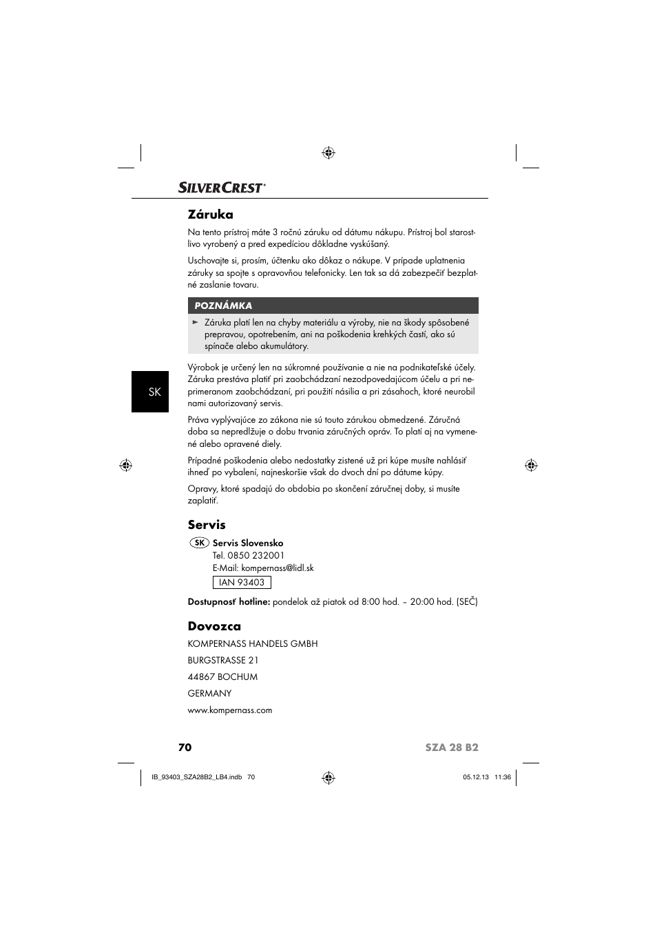 Záruka, Servis, Dovozca | Silvercrest SZA 28 B2 User Manual | Page 73 / 88