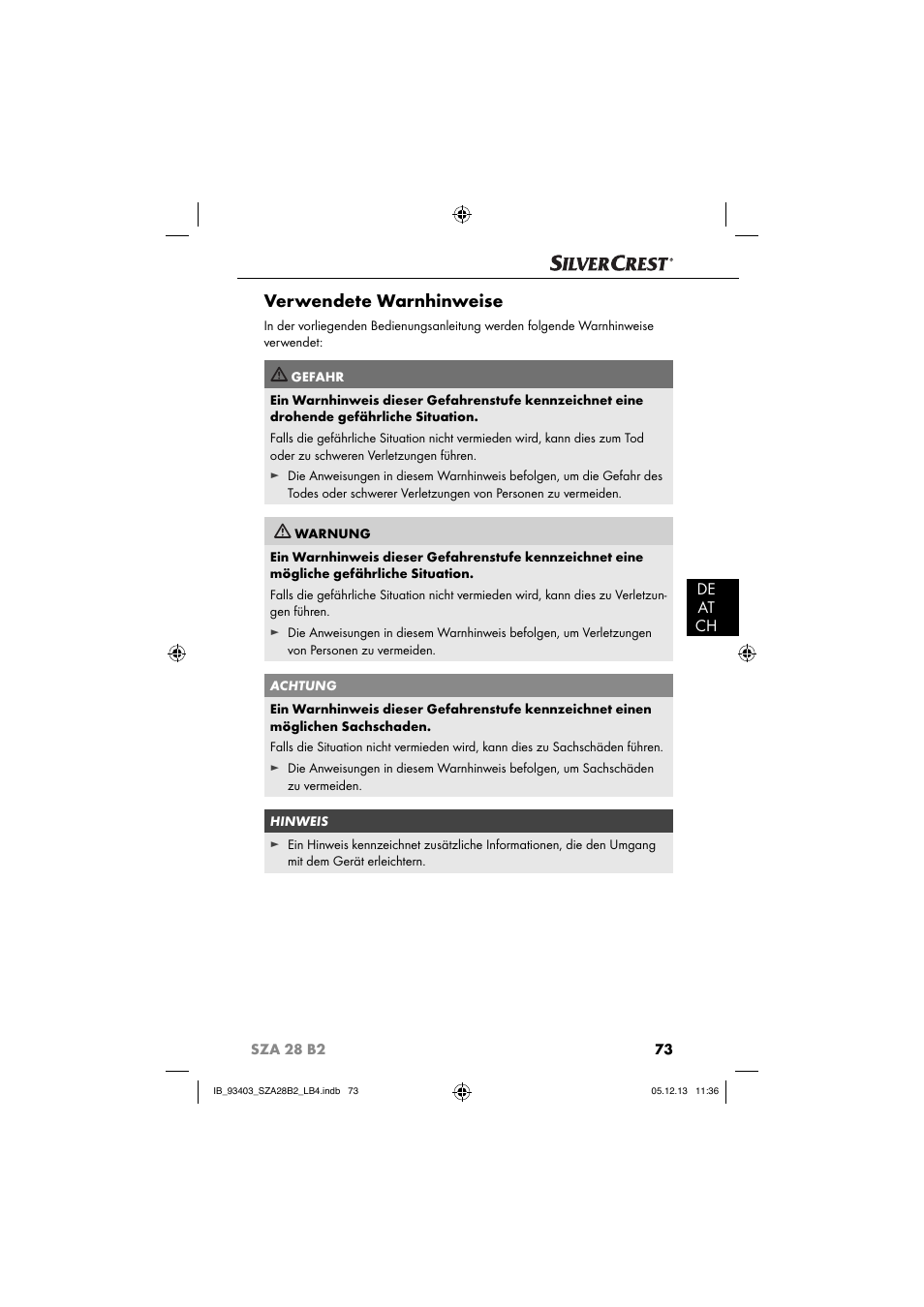 Verwendete warnhinweise, De at ch | Silvercrest SZA 28 B2 User Manual | Page 76 / 88