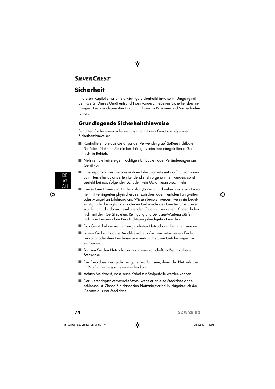 Sicherheit, Grundlegende sicherheitshinweise, De at ch | Silvercrest SZA 28 B2 User Manual | Page 77 / 88