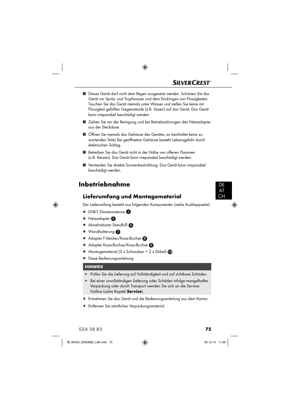 Inbetriebnahme, Lieferumfang und montagematerial, De at ch | Silvercrest SZA 28 B2 User Manual | Page 78 / 88