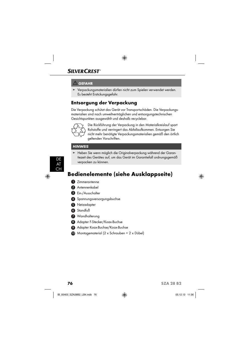 Bedienelemente (siehe ausklappseite), Entsorgung der verpackung, De at ch | Silvercrest SZA 28 B2 User Manual | Page 79 / 88