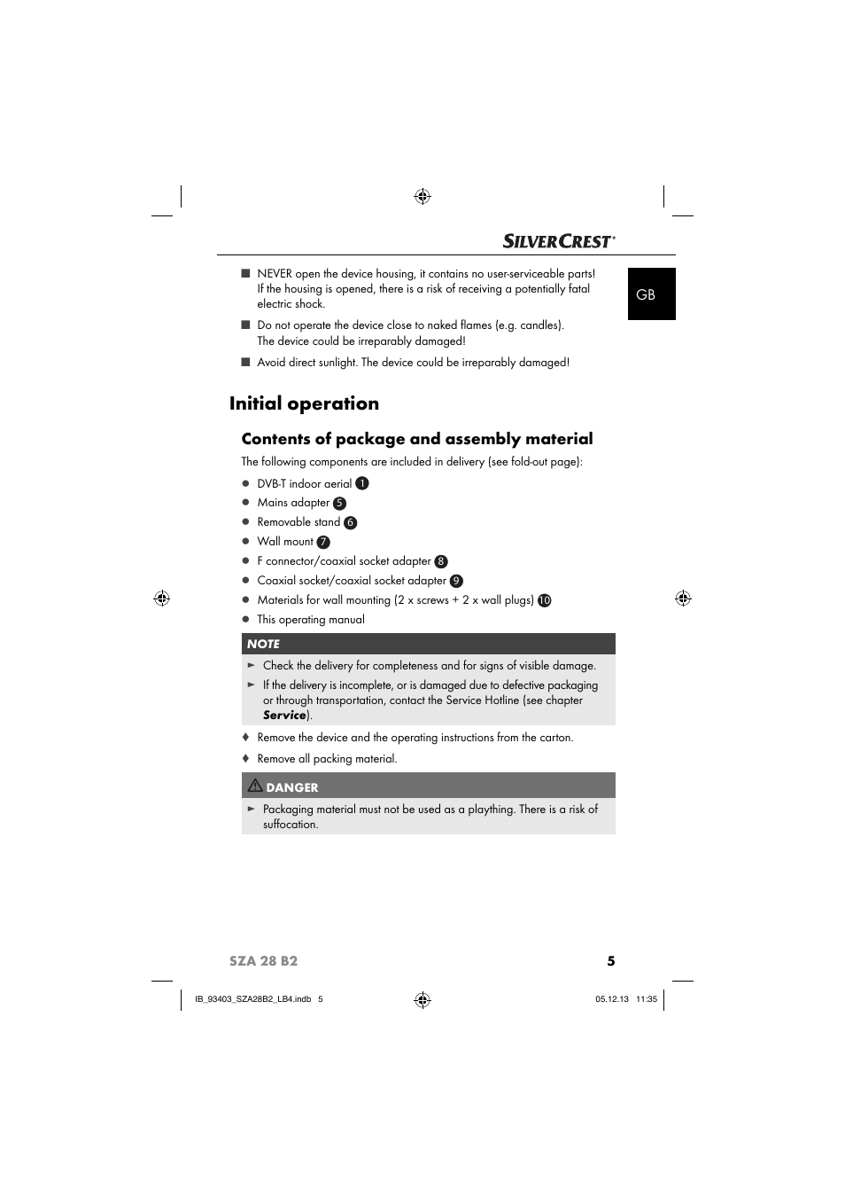 Initial operation, Contents of package and assembly material | Silvercrest SZA 28 B2 User Manual | Page 8 / 88