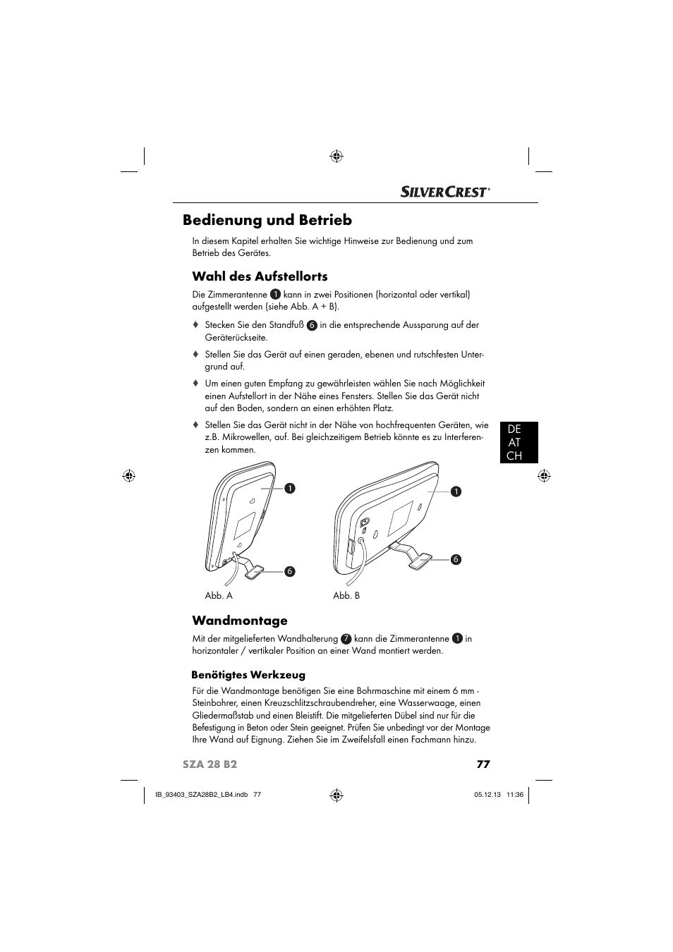 Bedienung und betrieb, Wahl des aufstellorts, Wandmontage | De at ch | Silvercrest SZA 28 B2 User Manual | Page 80 / 88