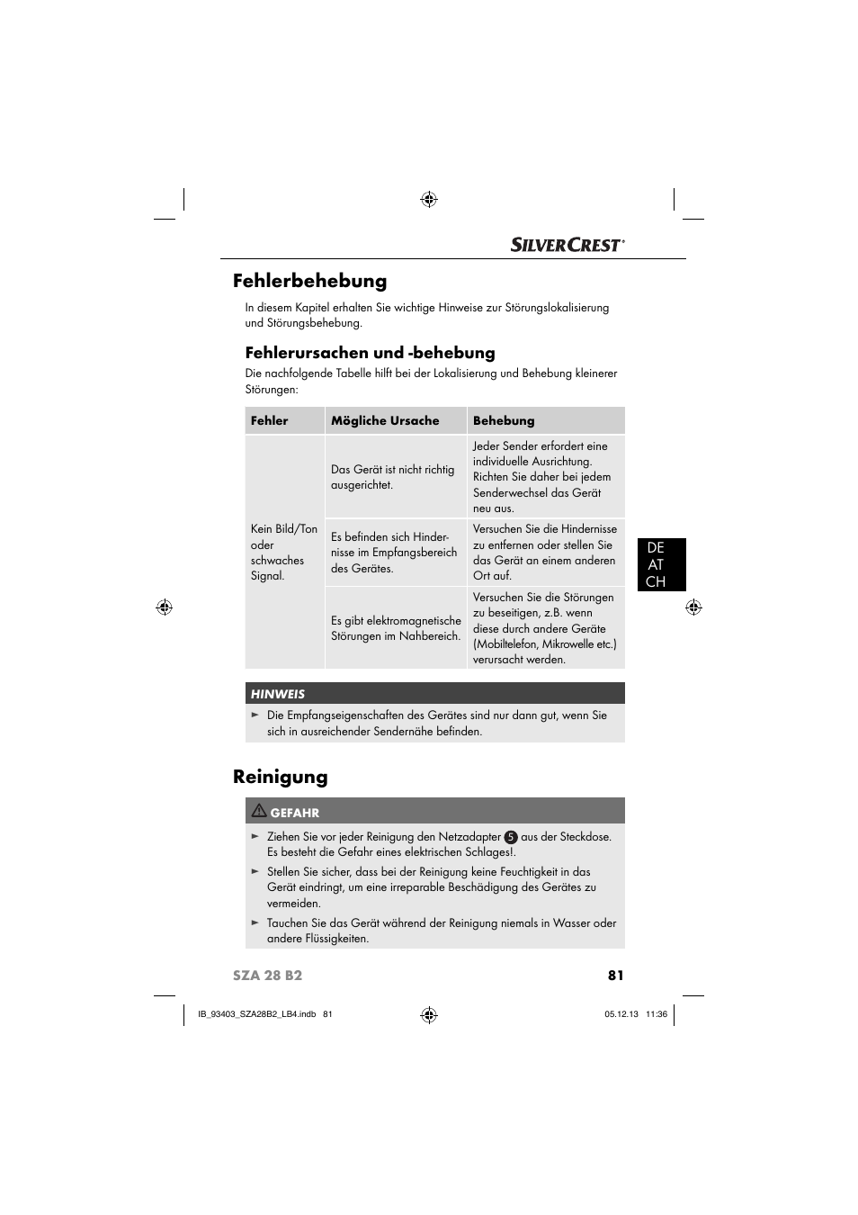 Fehlerbehebung, Reinigung, Fehlerursachen und -behebung | De at ch | Silvercrest SZA 28 B2 User Manual | Page 84 / 88