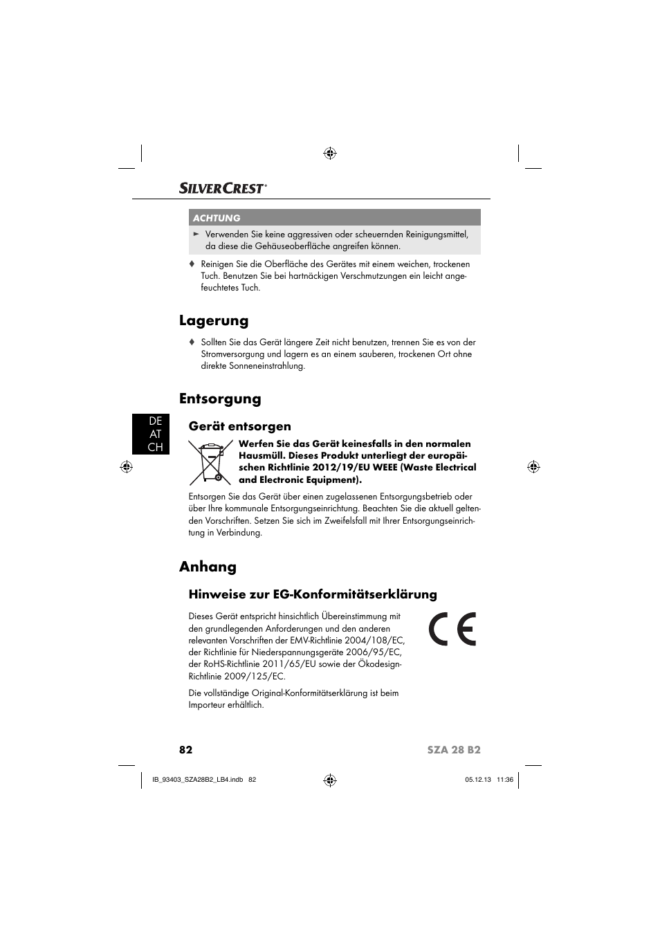 Lagerung, Entsorgung, Anhang | Gerät entsorgen, Hinweise zur eg-konformitätserklärung, De at ch | Silvercrest SZA 28 B2 User Manual | Page 85 / 88