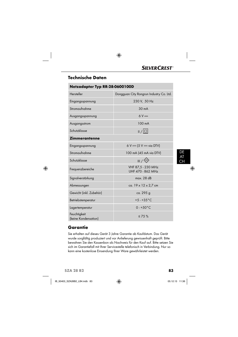 Technische daten, Garantie, De at ch | Silvercrest SZA 28 B2 User Manual | Page 86 / 88