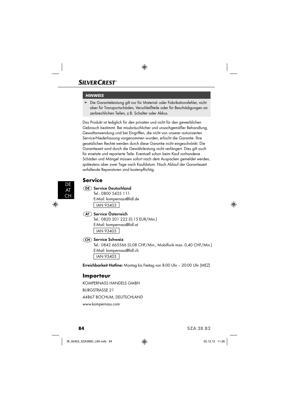 Service, Importeur, De at ch | Silvercrest SZA 28 B2 User Manual | Page 87 / 88