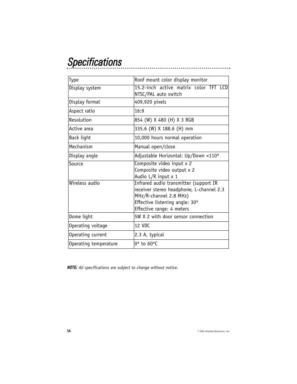 Ssppeecciiffiiccaattiioonnss | Directed Electronics OHV1500 User Manual | Page 14 / 16