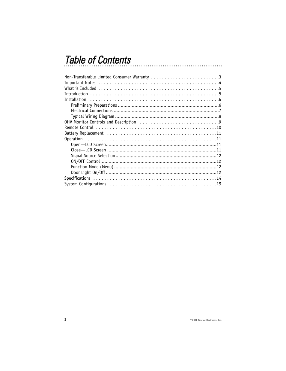 Ttaabbllee ooff c coonntteennttss | Directed Electronics OHV1500 User Manual | Page 2 / 16