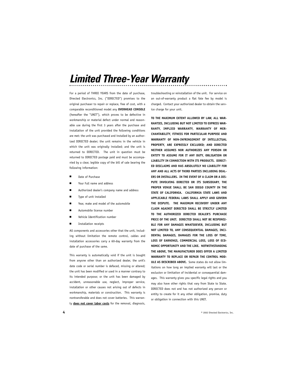 Limited three-year warranty | Directed Video OHC100 User Manual | Page 4 / 16