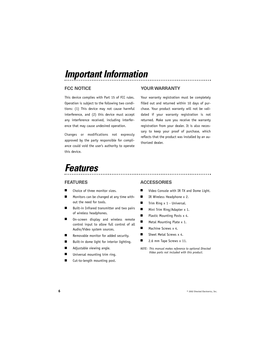 Features important information | Directed Video OHC100 User Manual | Page 6 / 16
