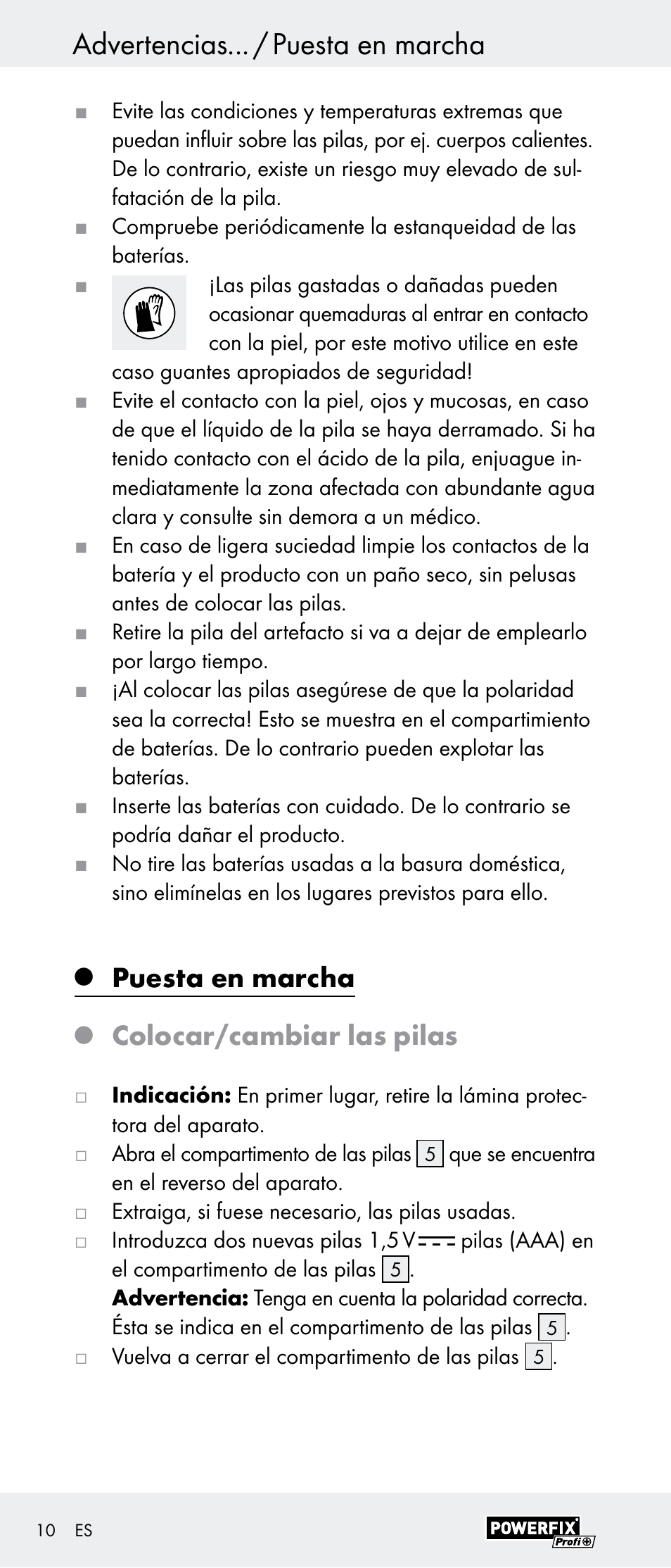 Advertencias... / puesta en marcha, Puesta en marcha, Colocar/cambiar las pilas | Powerfix Z29948 User Manual | Page 10 / 41