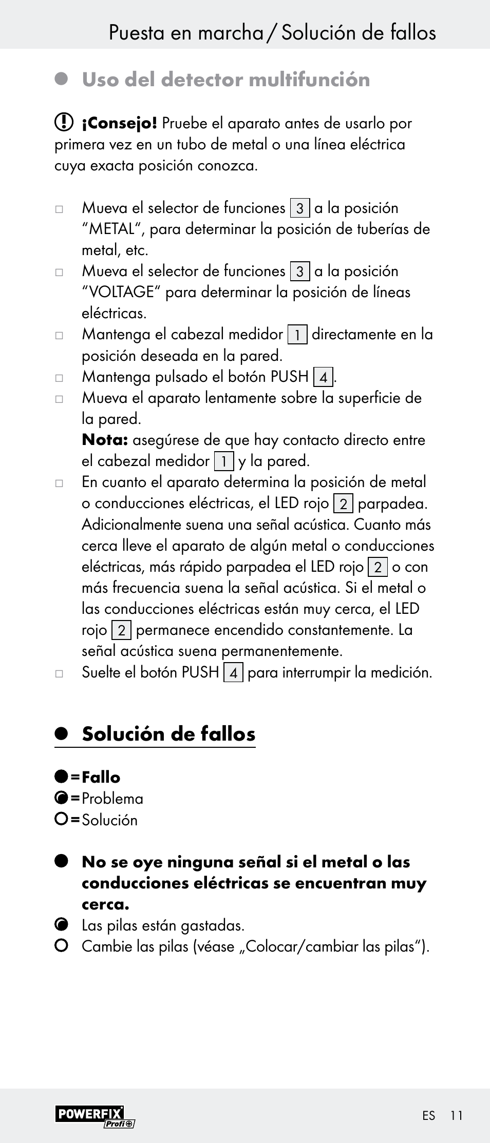 Puesta en marcha / solución de fallos, Uso del detector multifunción, Solución de fallos | Powerfix Z29948 User Manual | Page 11 / 41
