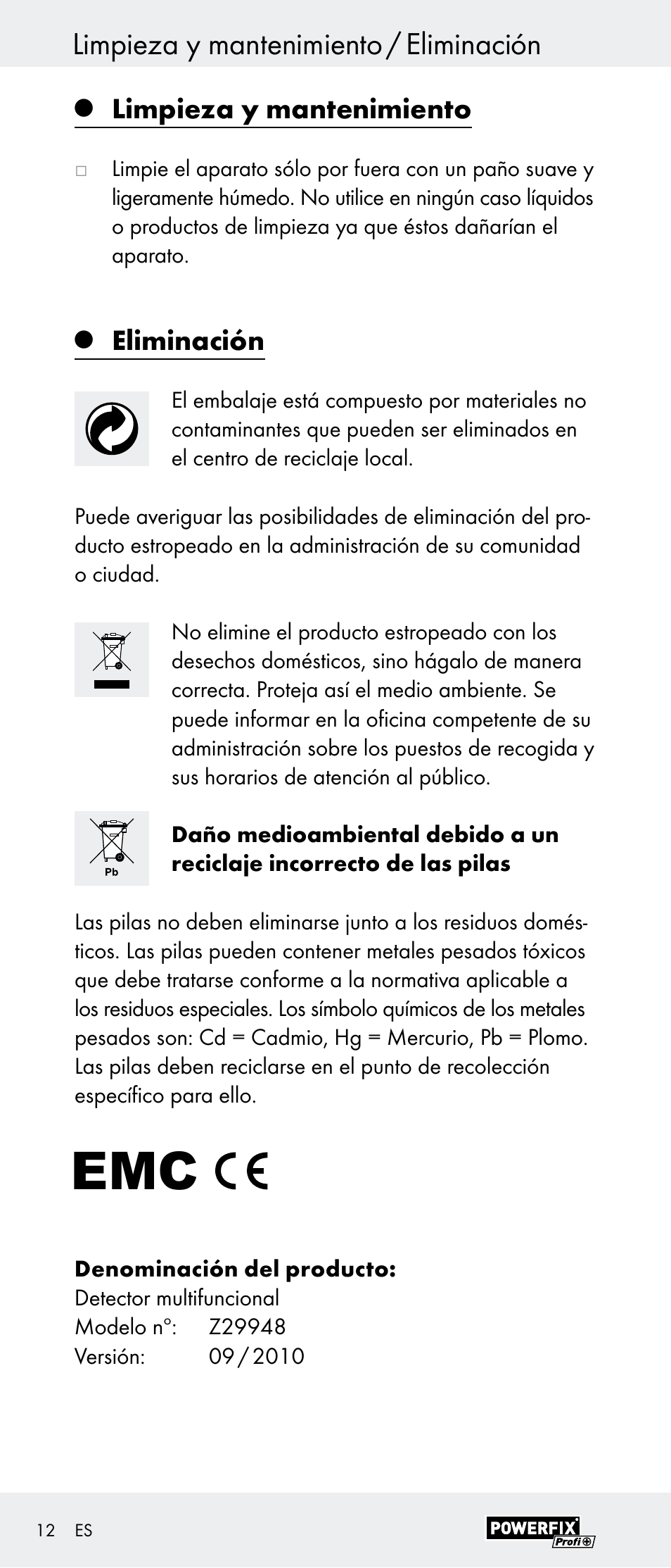 Limpieza y mantenimiento / eliminación, Limpieza y mantenimiento, Eliminación | Powerfix Z29948 User Manual | Page 12 / 41