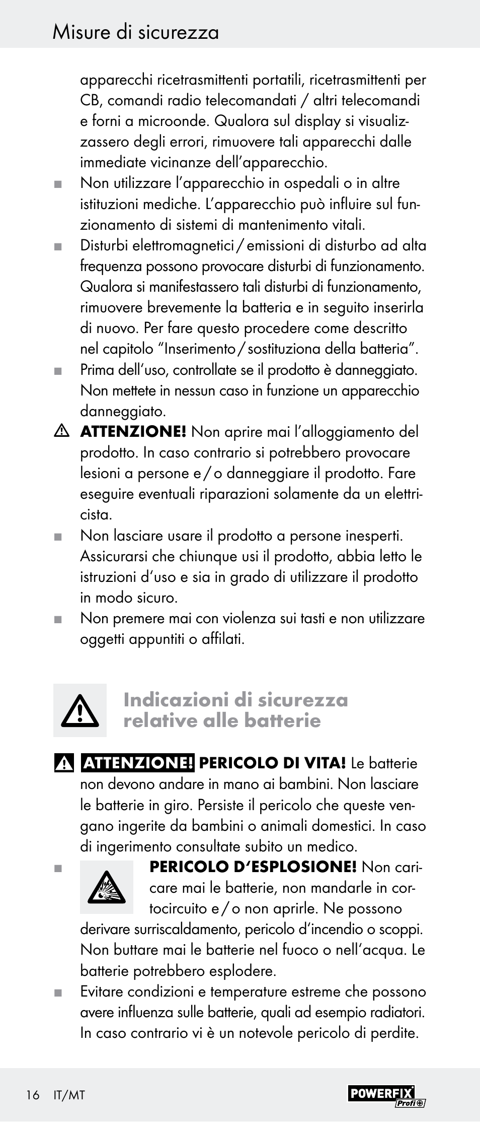 Misure di sicurezza, Indicazioni di sicurezza relative alle batterie | Powerfix Z29948 User Manual | Page 16 / 41
