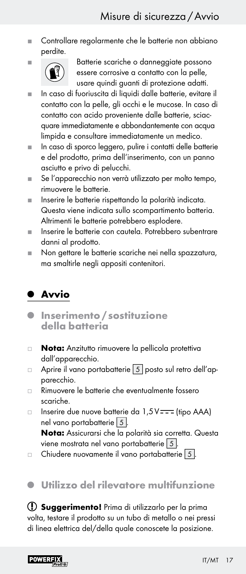 Misure di sicurezza / avvio, Avvio, Inserimento / sostituzione della batteria | Utilizzo del rilevatore multifunzione | Powerfix Z29948 User Manual | Page 17 / 41