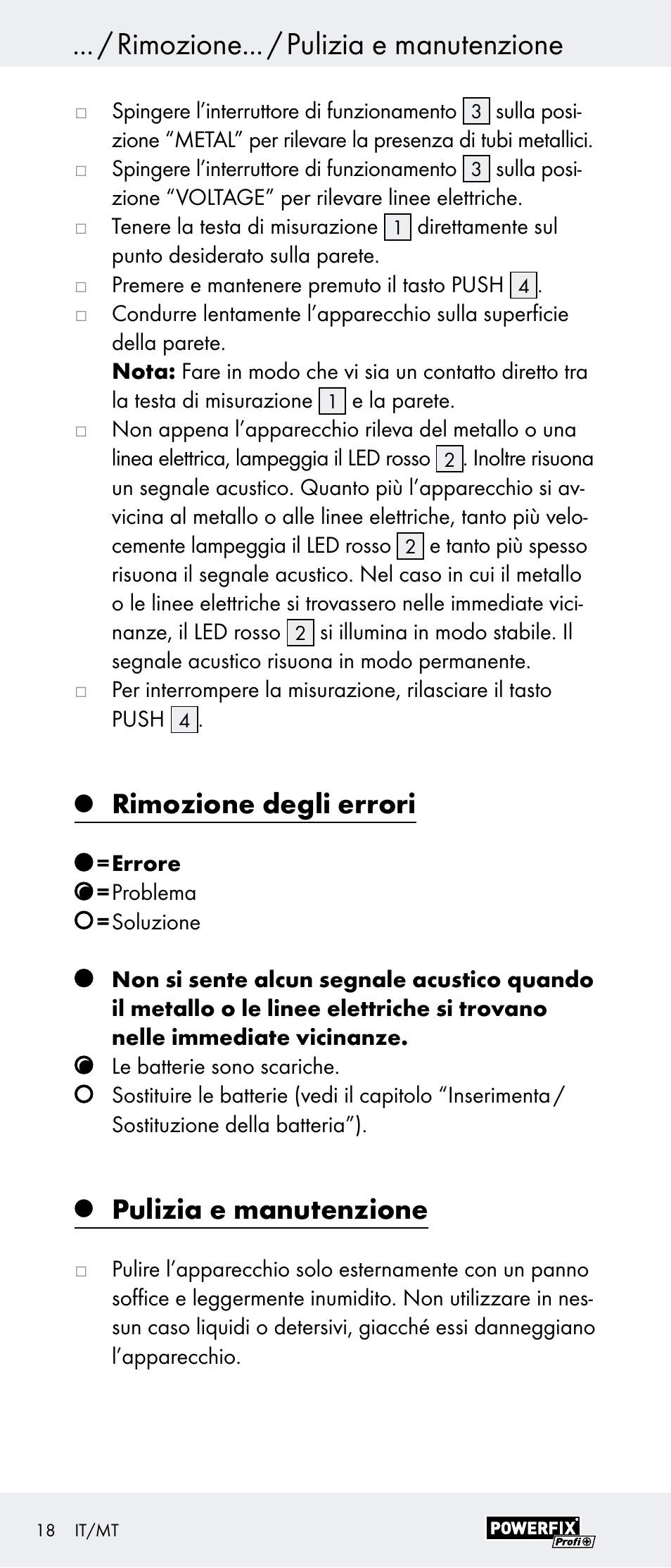Rimozione... / pulizia e manutenzione, Rimozione degli errori, Pulizia e manutenzione | Powerfix Z29948 User Manual | Page 18 / 41