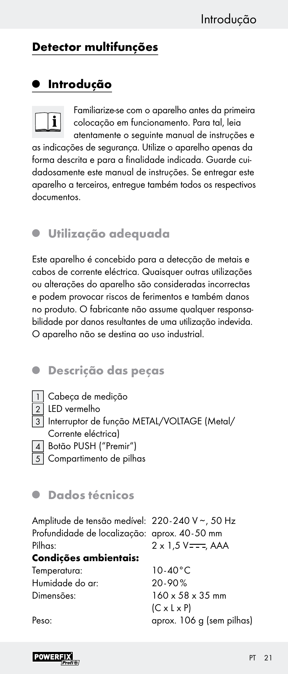 Detector multifunções, Introdução, Utilização adequada | Descrição das peças, Dados técnicos | Powerfix Z29948 User Manual | Page 21 / 41