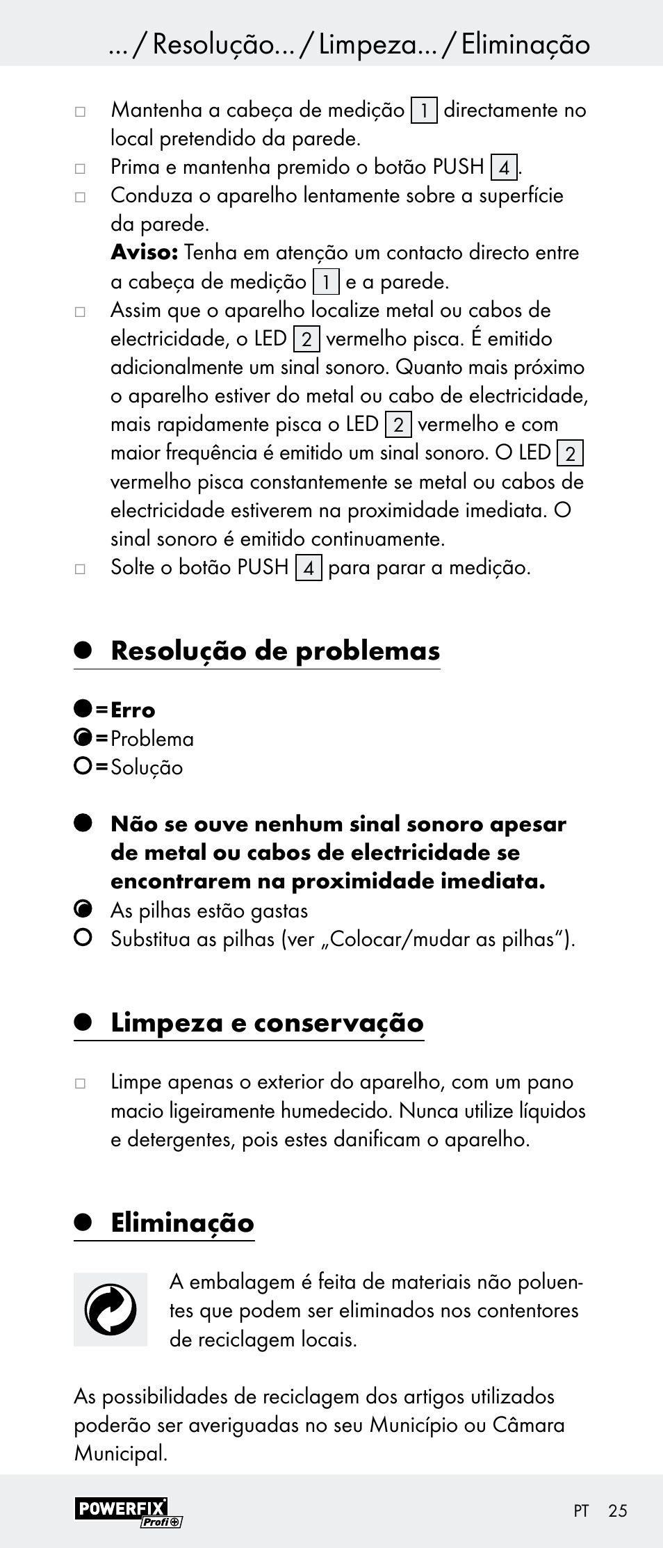 Resolução... / limpeza... / eliminação, Resolução de problemas, Limpeza e conservação | Eliminação | Powerfix Z29948 User Manual | Page 25 / 41