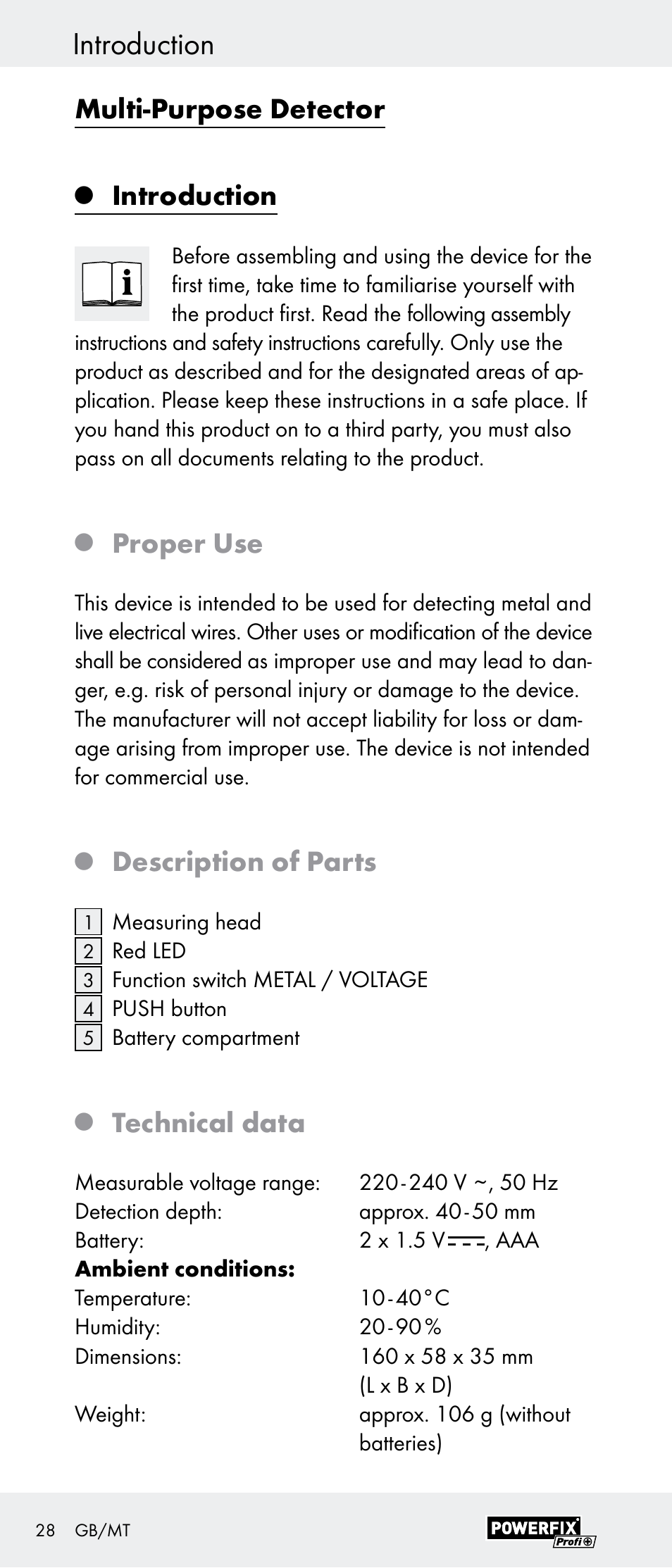 Introduction, Multi-purpose detector, Proper use | Description of parts, Technical data | Powerfix Z29948 User Manual | Page 28 / 41