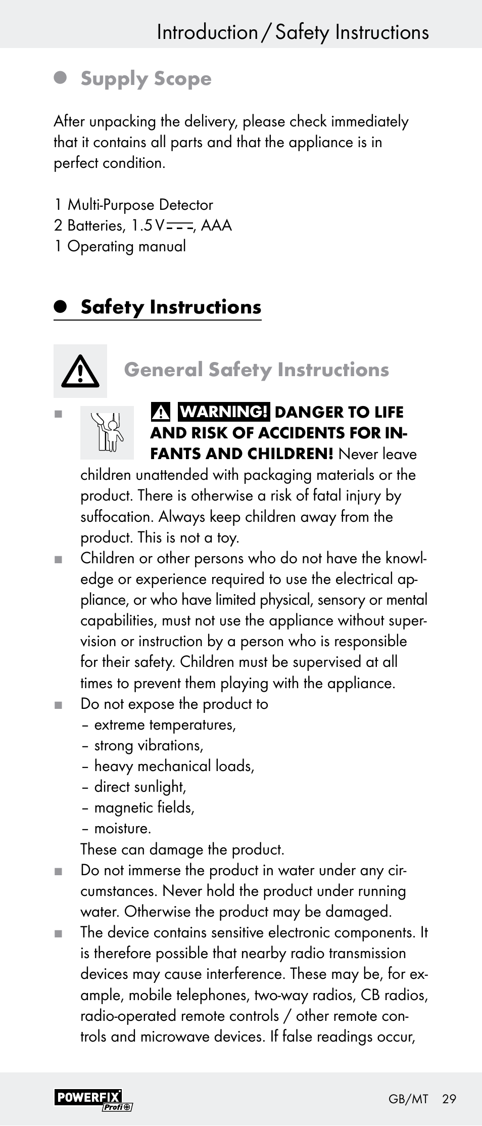 Introduction / safety instructions, Supply scope, Safety instructions general safety instructions | Powerfix Z29948 User Manual | Page 29 / 41