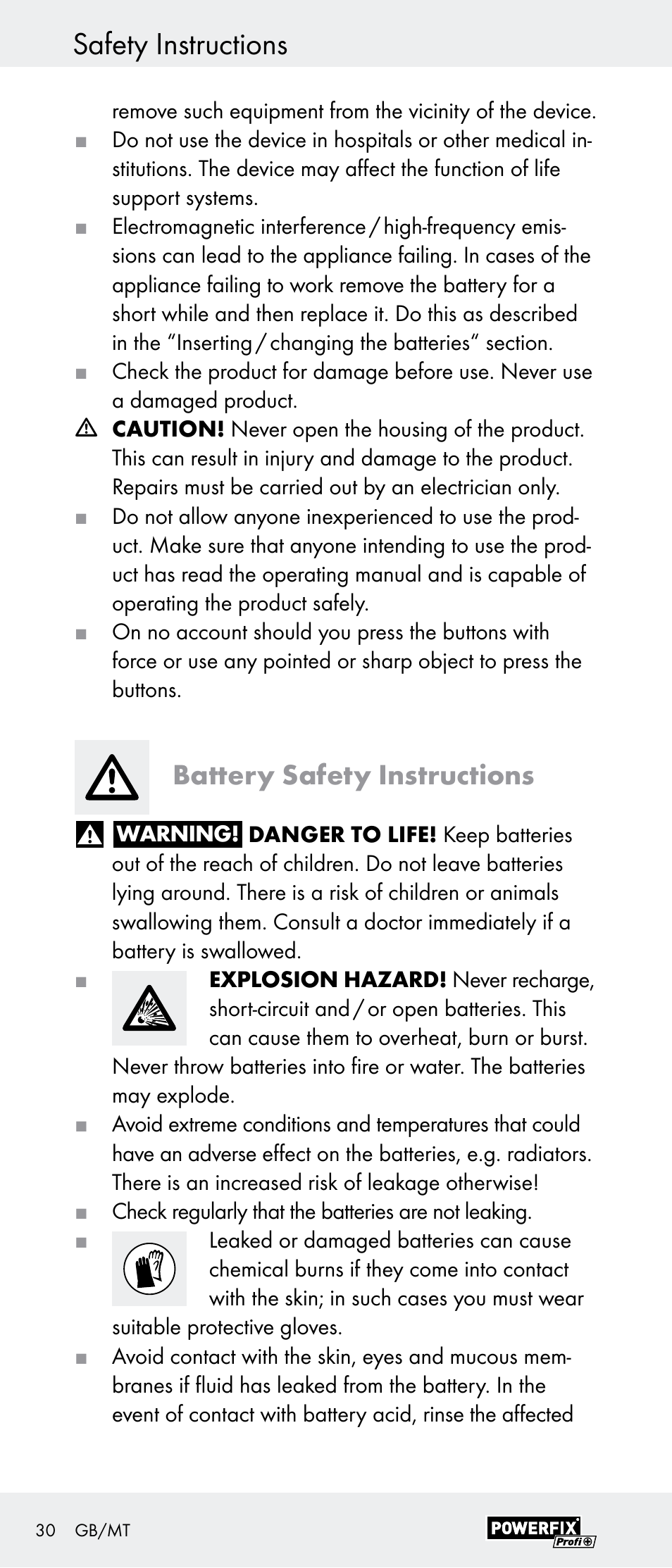 Safety instructions, Battery safety instructions | Powerfix Z29948 User Manual | Page 30 / 41