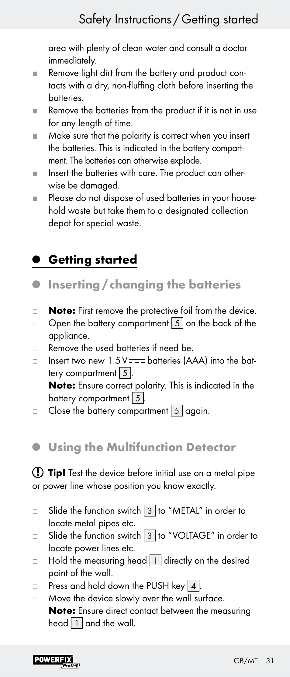 Safety instructions / getting started, Getting started, Inserting / changing the batteries | Using the multifunction detector | Powerfix Z29948 User Manual | Page 31 / 41