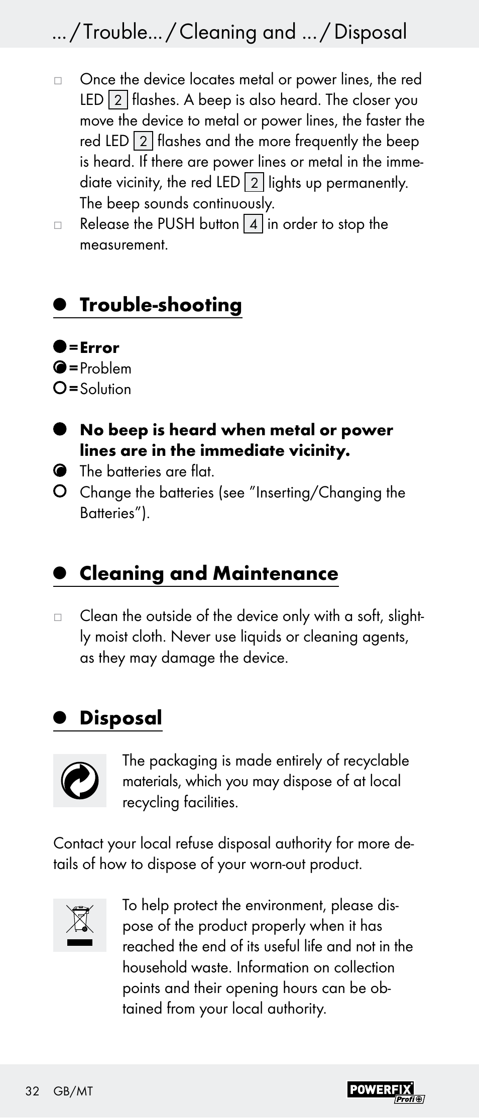 Trouble... / cleaning and ... / disposal, Trouble-shooting, Cleaning and maintenance | Disposal | Powerfix Z29948 User Manual | Page 32 / 41