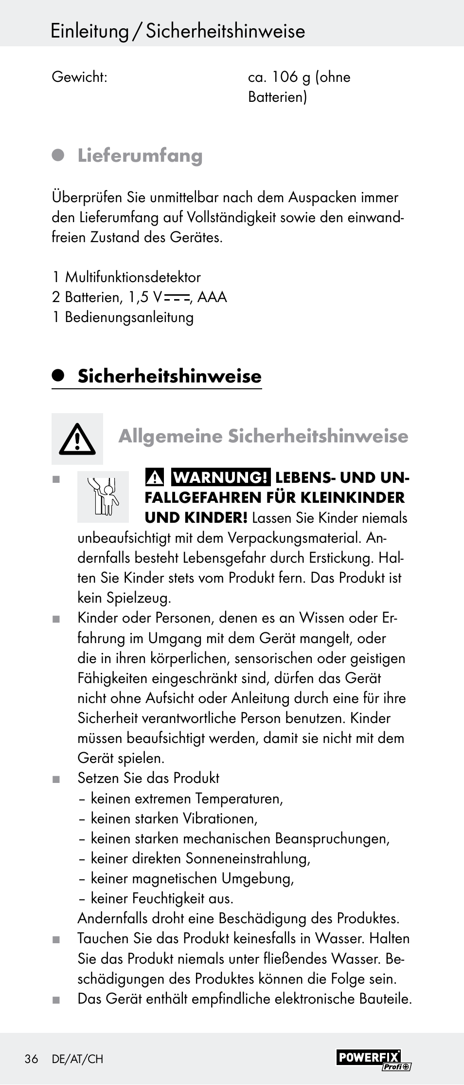 Einleitung / sicherheitshinweise, Lieferumfang, Sicherheitshinweise allgemeine sicherheitshinweise | Powerfix Z29948 User Manual | Page 36 / 41