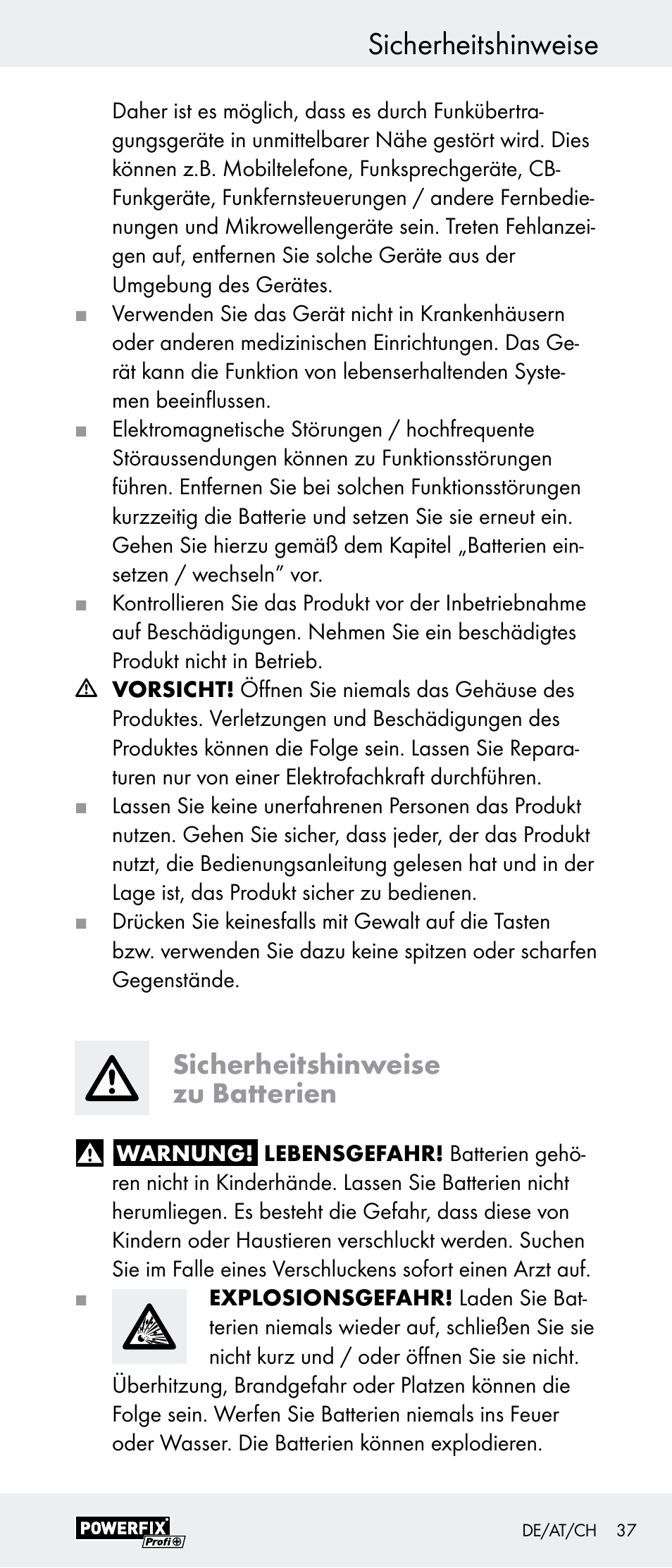 Sicherheitshinweise, Sicherheitshinweise zu batterien | Powerfix Z29948 User Manual | Page 37 / 41