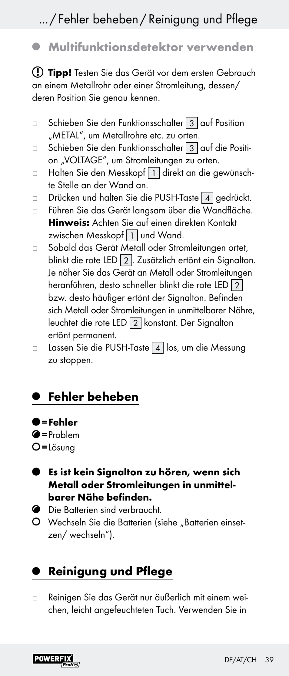 Fehler beheben / reinigung und pflege, Multifunktionsdetektor verwenden, Fehler beheben | Reinigung und pflege | Powerfix Z29948 User Manual | Page 39 / 41