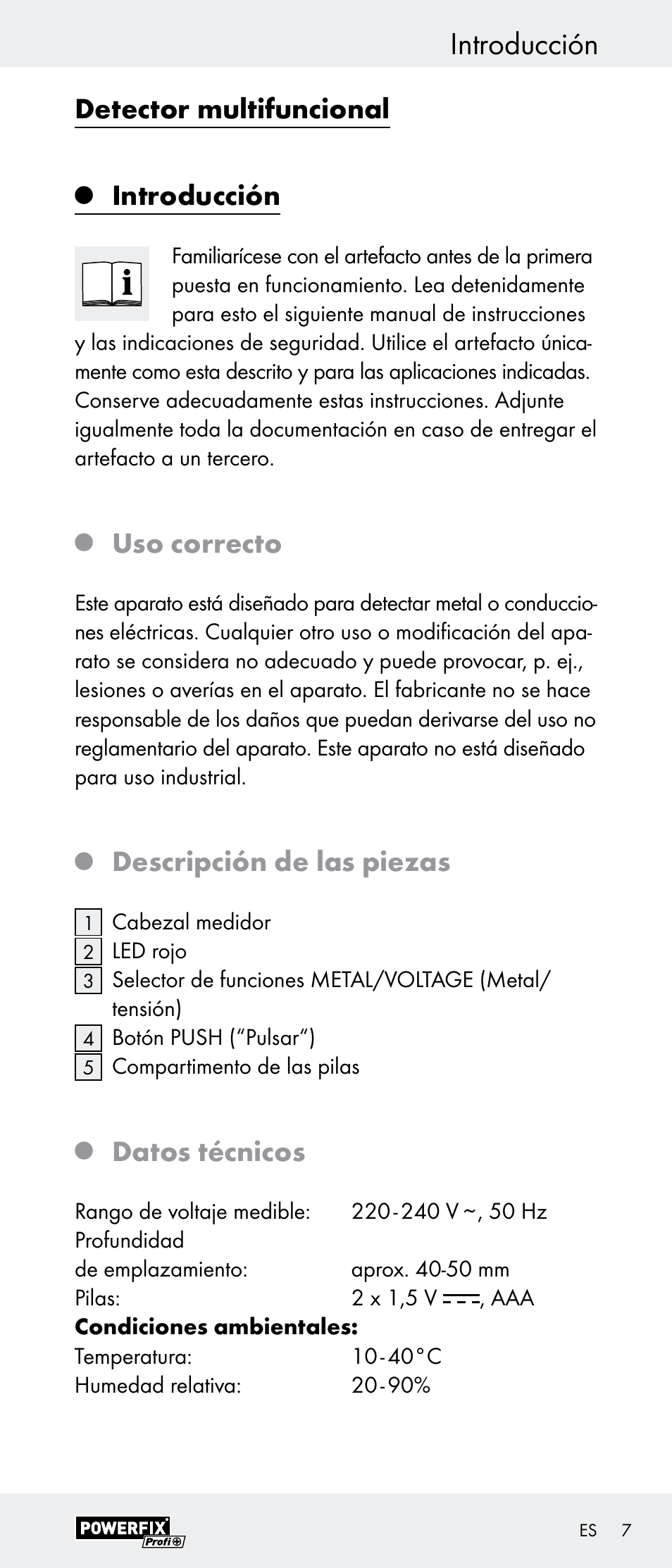 Detector multifuncional, Introducción, Uso correcto | Descripción de las piezas, Datos técnicos | Powerfix Z29948 User Manual | Page 7 / 41