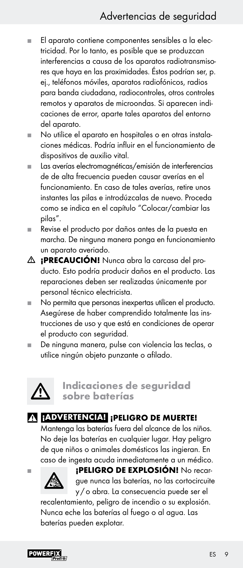 Advertencias de seguridad, Indicaciones de seguridad sobre baterías | Powerfix Z29948 User Manual | Page 9 / 41